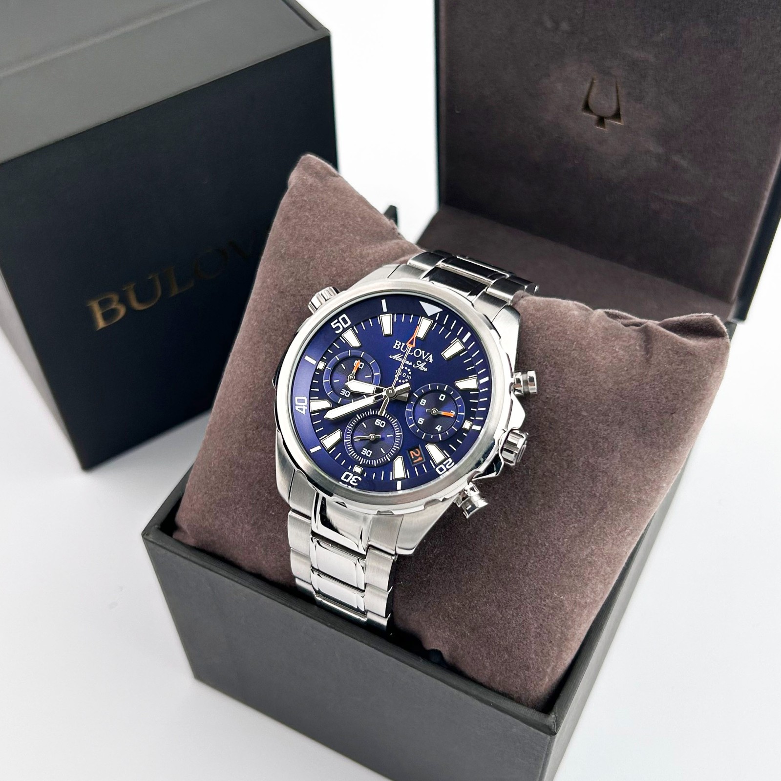 Bulova Men’s Marine Star 96B256 Blue Dial 6-Hand Chronograph Quartz Watch 43mm