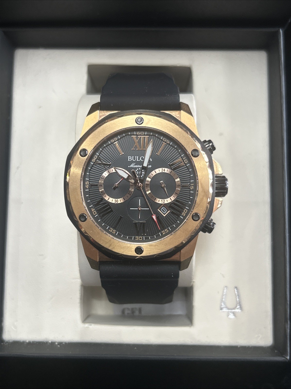 Bulova Marine Star 98B104 Black Dial Black Rubber Strap Men’s (Quartz)Watch 44mm