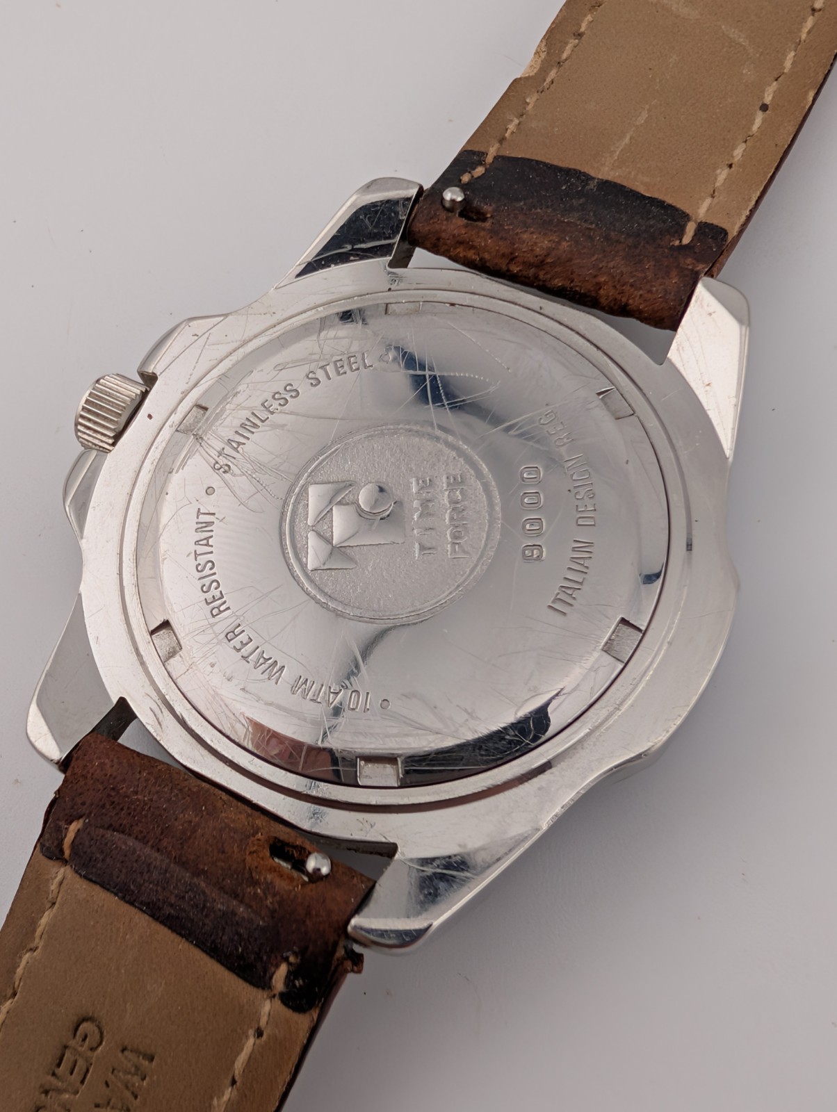 Time Force Watch Men 43mm Case Flags Brown Leather Band- New Battery