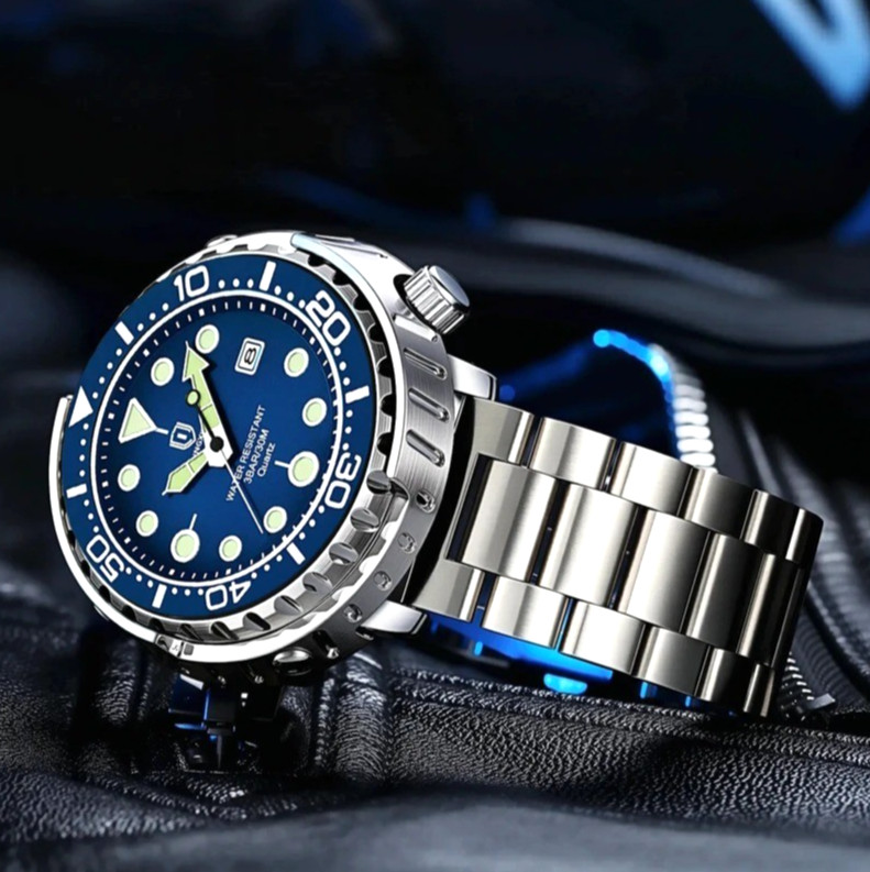 44MM QINGXIYA Tuna Quartz Mens Watch Stainless Steel 30M Waterproof Luminous NEW