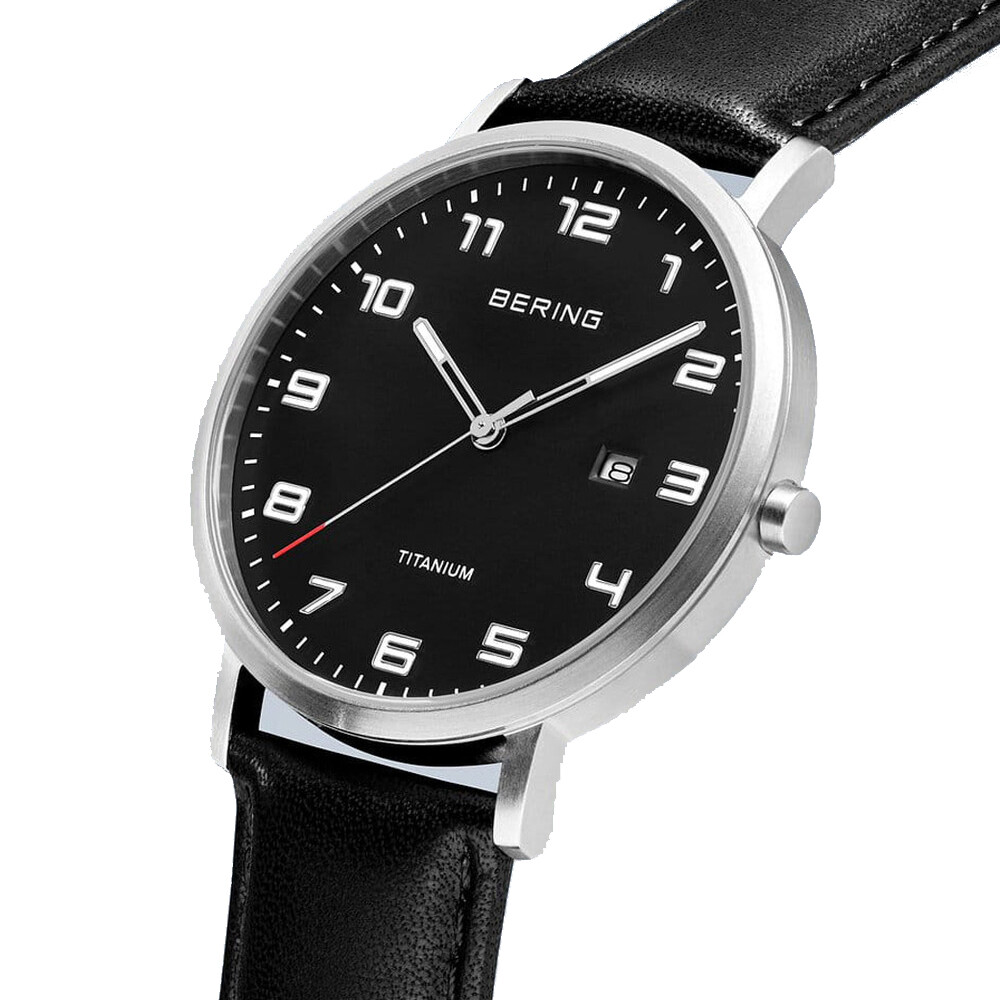 Bering Time Silver Titanium Case and Black Leather Strap Men’s Watch. 18640-402