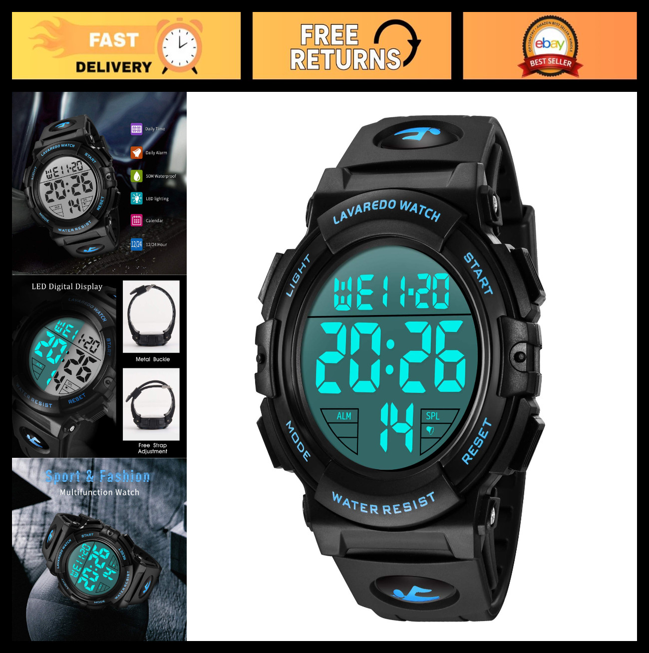 Men’s Waterproof Digital Sports Watch – Military Chronograph with LED Light, Ala