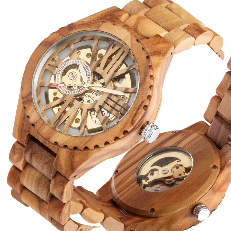 Cherry Wood Men’s Watch Skeleton Dial Automatic Wristwatch Wooden Bracelet Gifts