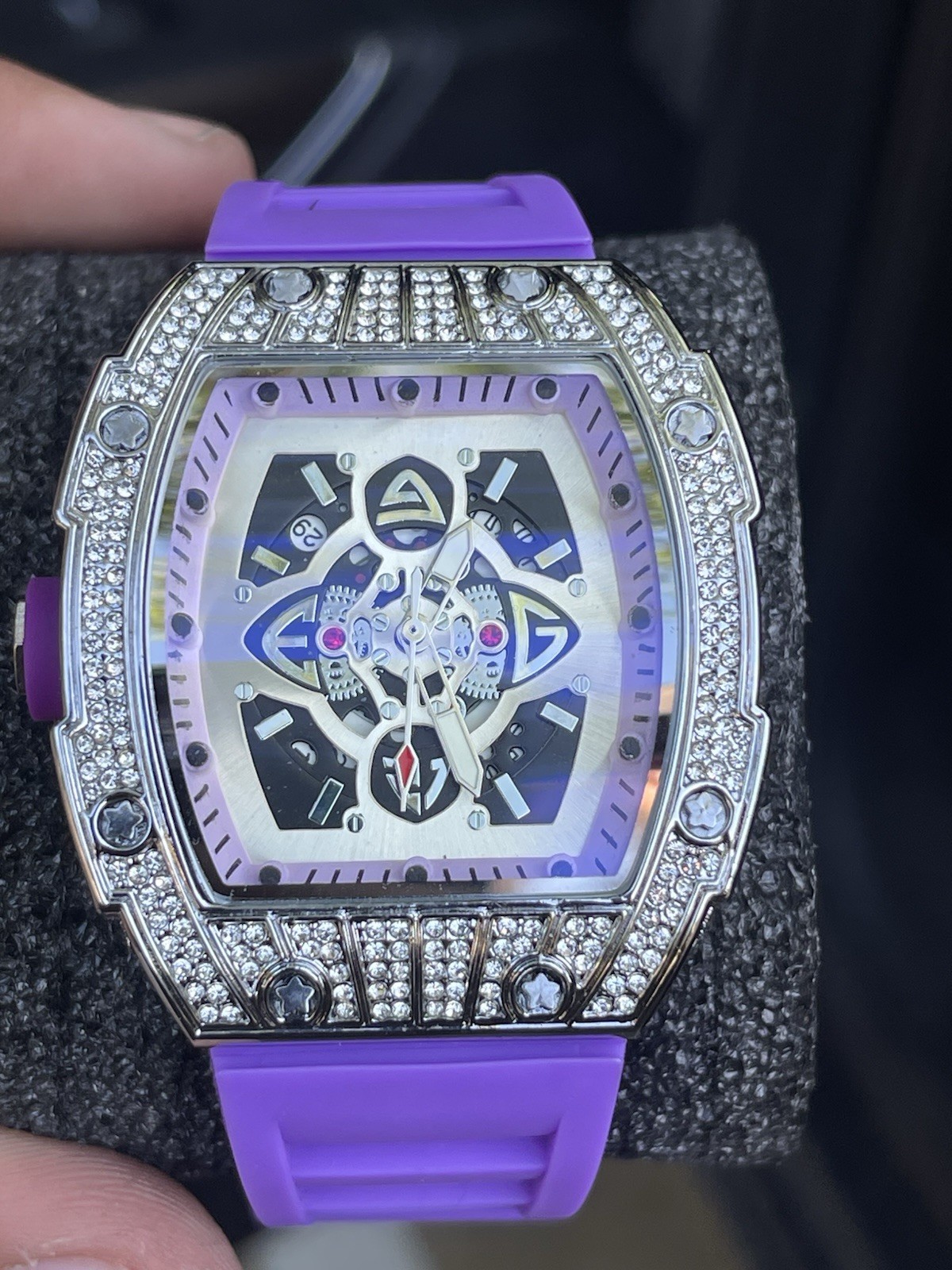 Tonneau Skeleton Analog Wristwatch Silver Tone Case Purple Rubber Strap
