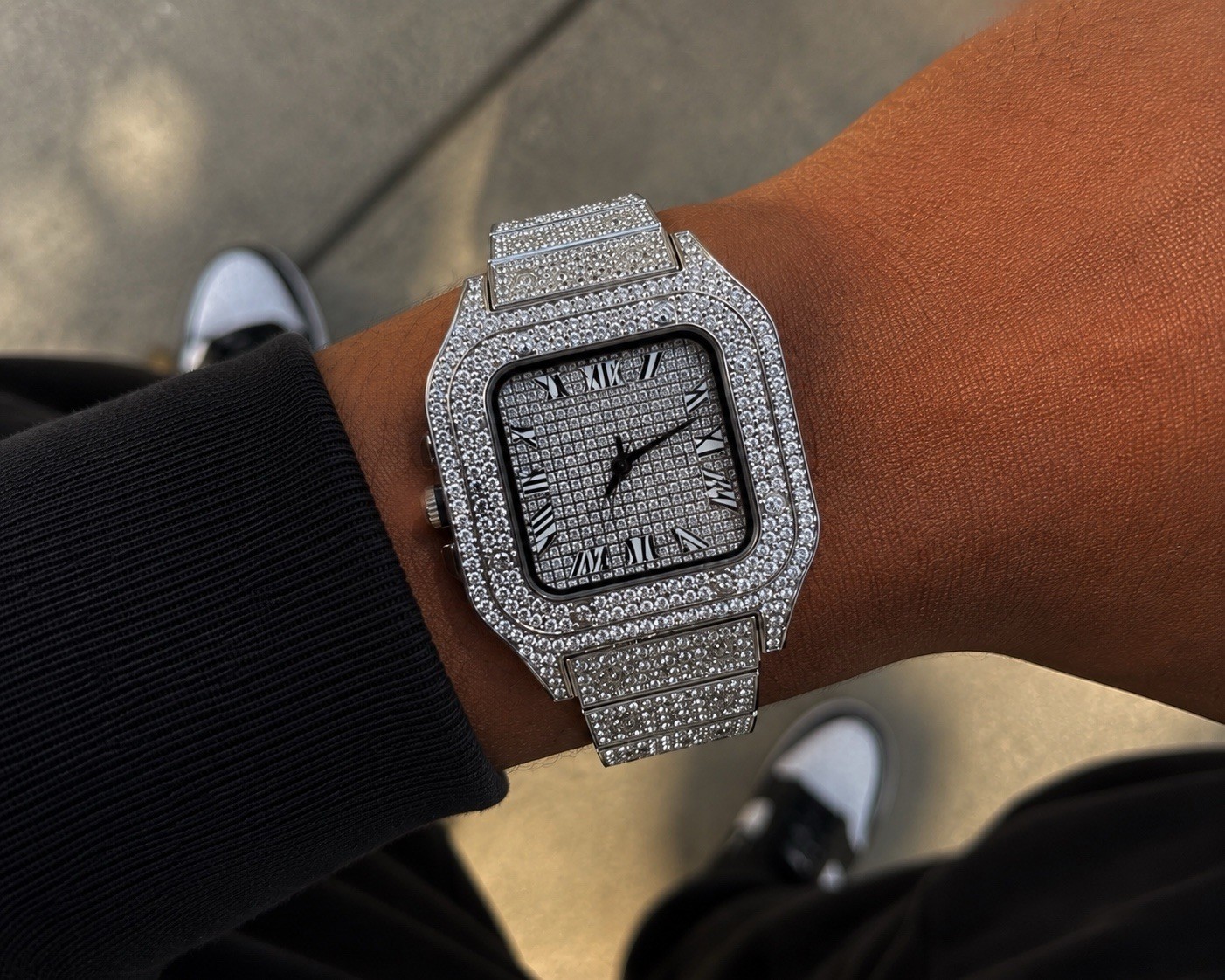 Iced Out Silver Square Analog Watch – Roman Numerals Metal Bracelet
