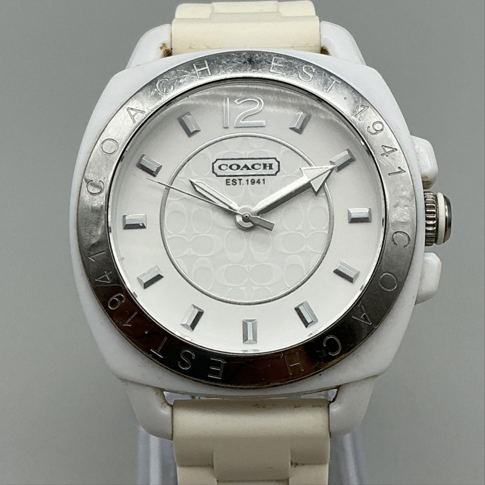 Coach Boyfriend Womens Watch 40mm White Logo Dial White Silicone Cushion Case