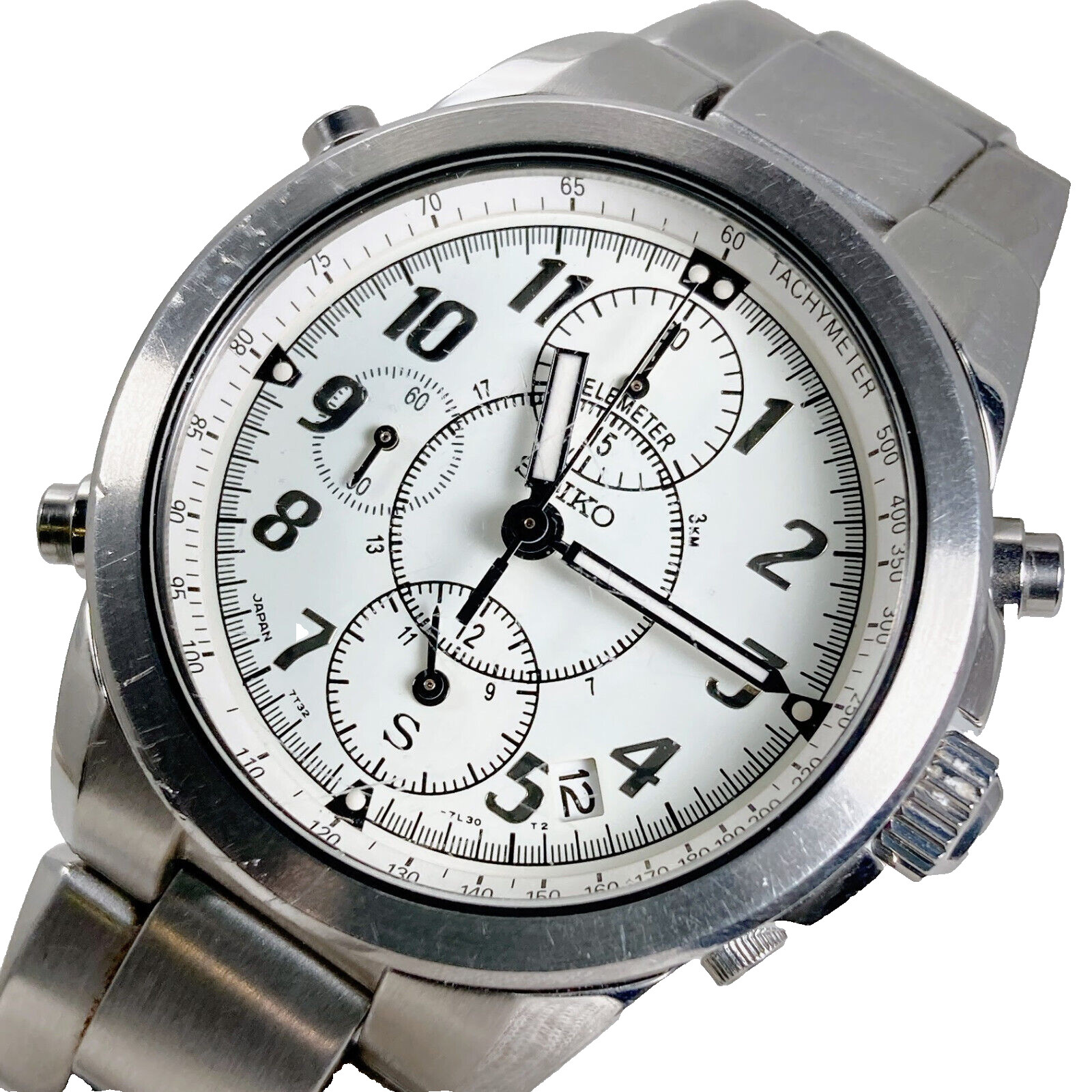 Vintage SEIKO 7T32-7H50 White 1/5 Chronograph Alarm Telemeter Sport Mens SCFG005