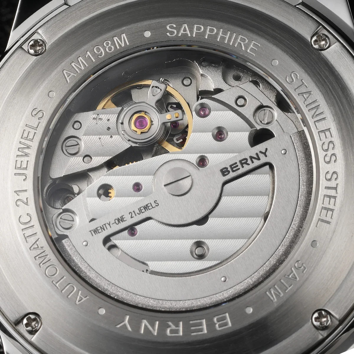 BERNY Automatic Men’s Skeleton Watch 5ATM Luminous Sapphire