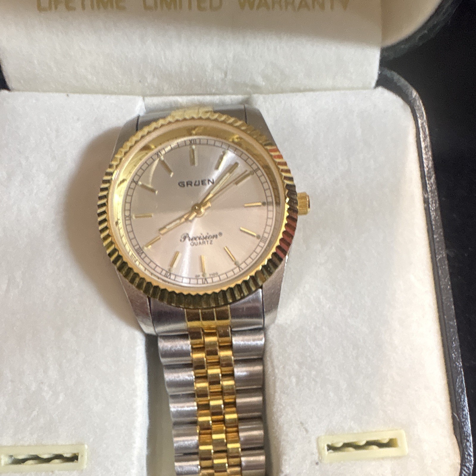 Gruen Precision Quartz Two-Tone Fluted Bezel 35mm Dress Watch w/ Box Papers