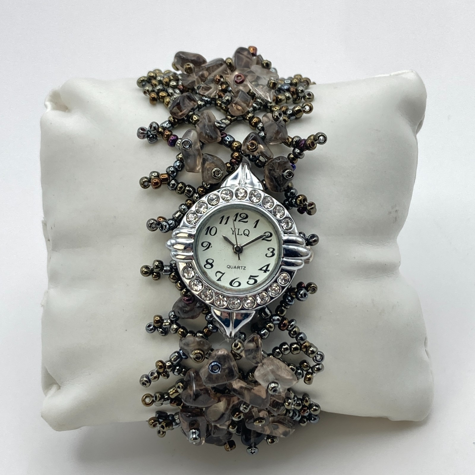 Artisan Womens Watch Beaded Gemstone Silver Tone Crystals New Battery 7.25″