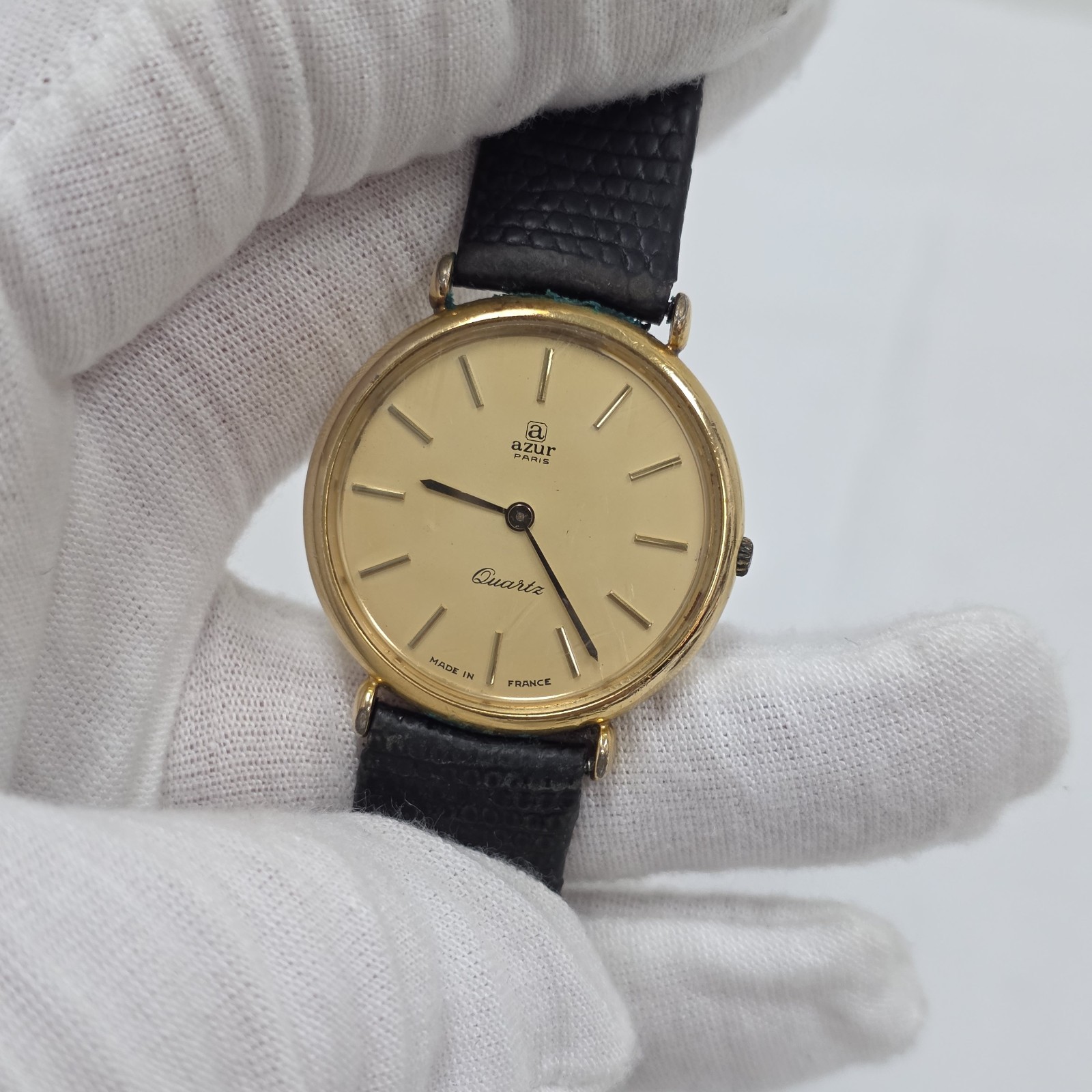 Vintage Rare Azur Paris Quartz Gold Tone Wrist Watch France New Battery 31mm
