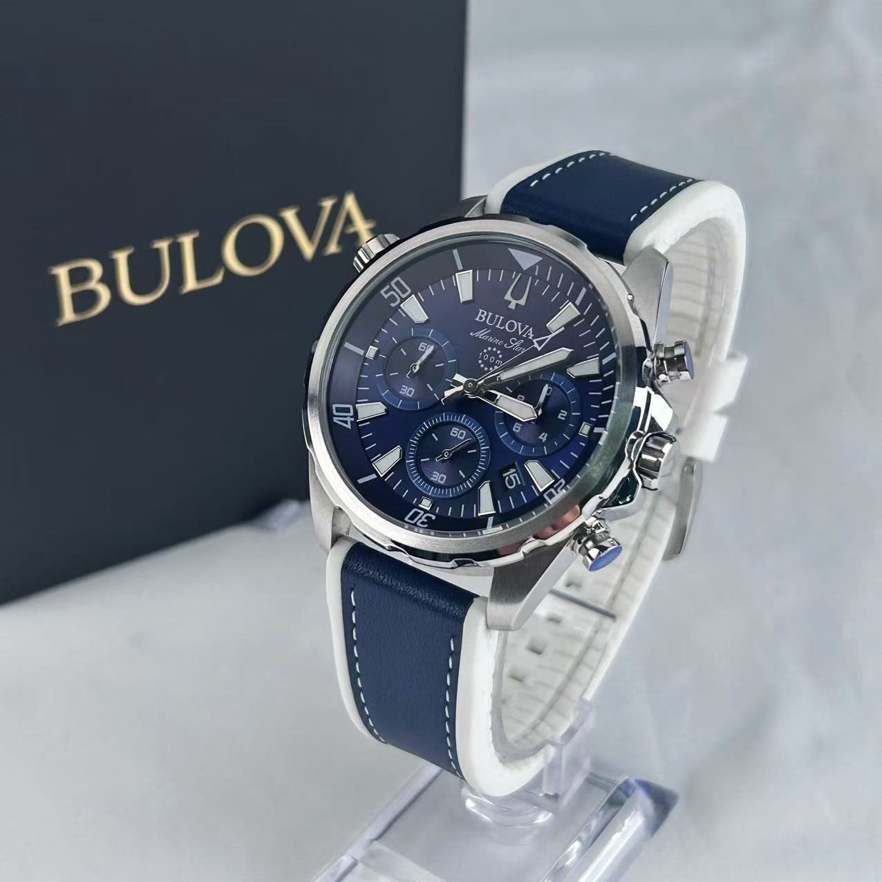 New Bulova Marine Star Men’s Quartz Watch Blue Dial Silicone Strap 43 mm 96B287