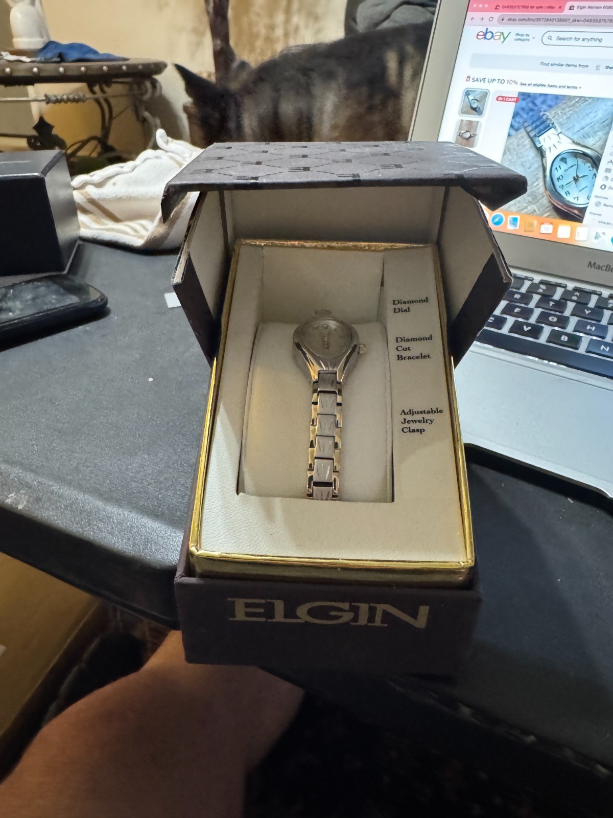 EASTER SPECIAL – IOB Elgin Women EG8076 Diamond Silver Tone Oval Quartz Watch