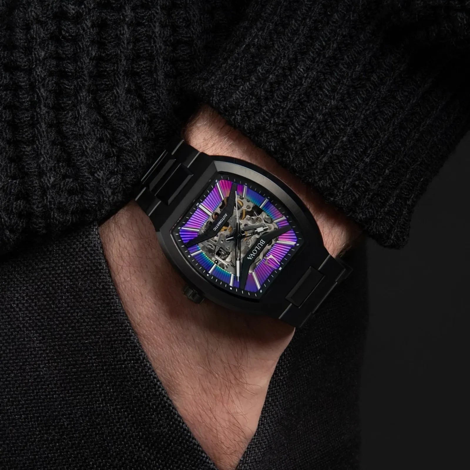 Bulova Maquina 98A320 Automatic Rainbow Skeleton Dial Stainless Steel Men Watch