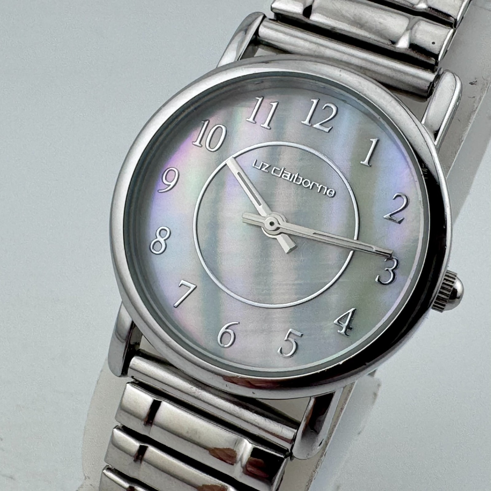 Vintage LIZ Claiborne Quartz Watch Women Silver Stretch MOP Analog New Battery