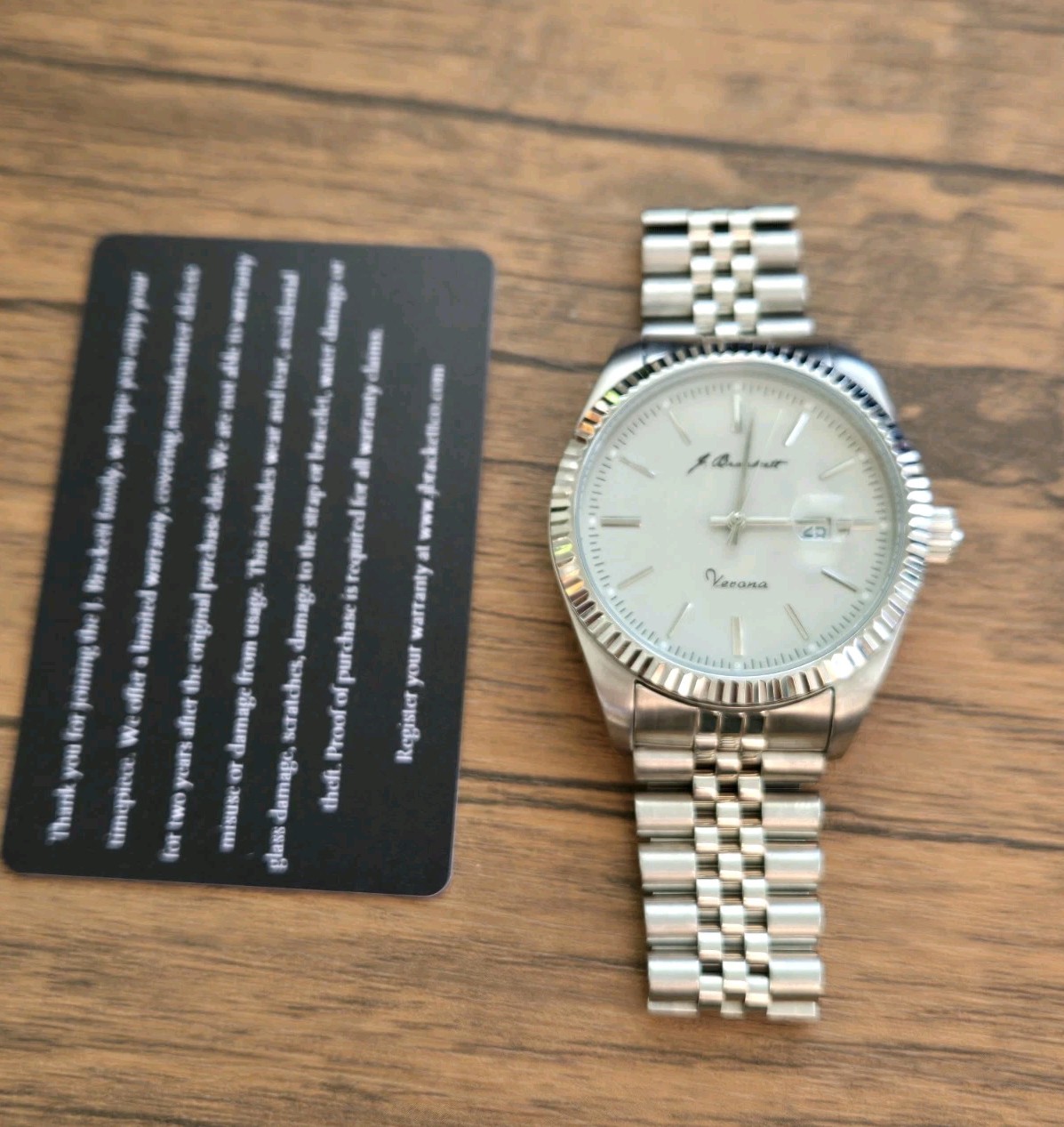 J Brackett Verona Off White Dial 43 mm Quartz Fluted Bezel w SS Jubilee Bracelet