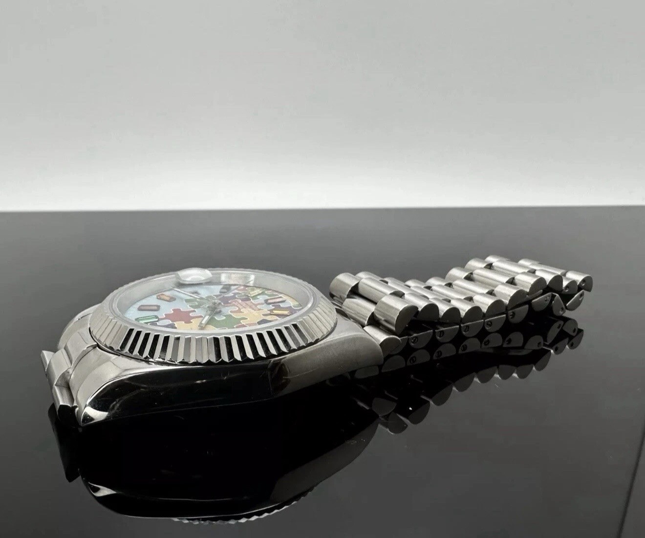Custom 39mm “Puzzles” DJ Silver Mod Watch Gemstone Markers NH35 Automatic