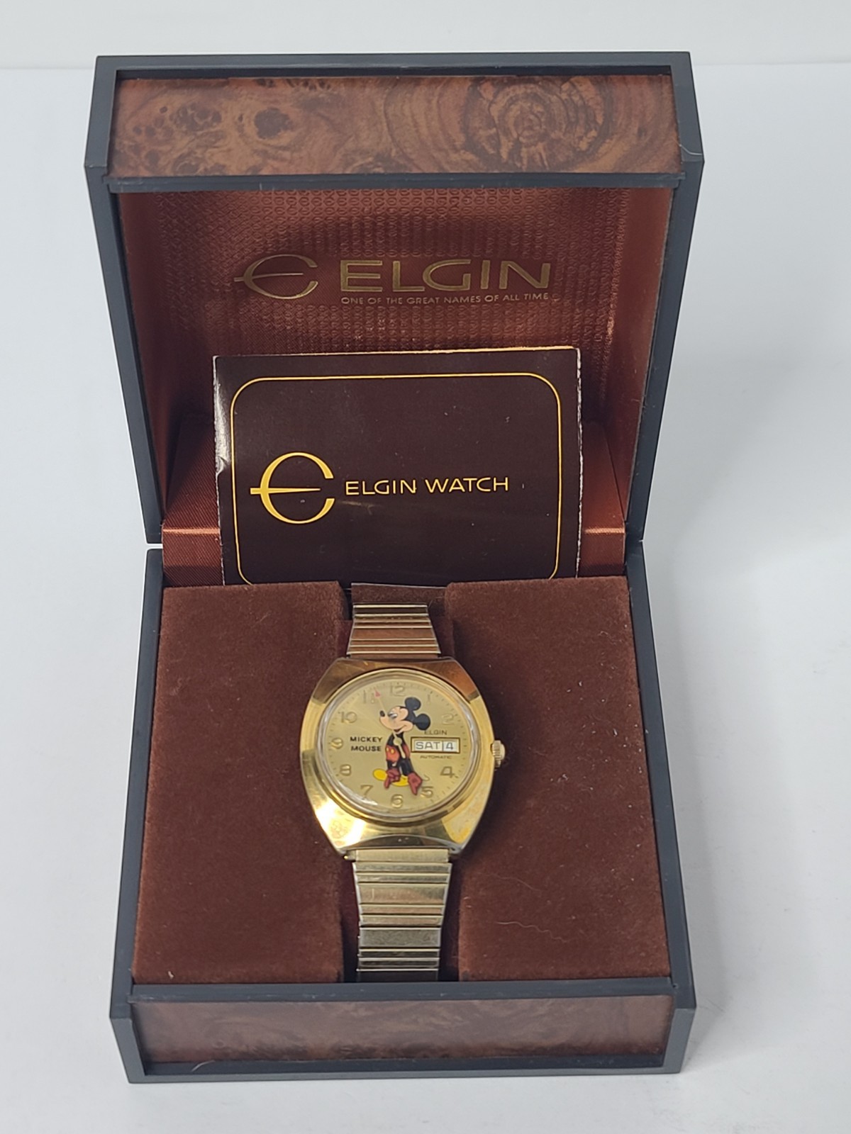 Vintage Elgin Mickey Mouse Automatic Watch Gold Day-Date Expansion Band Tested