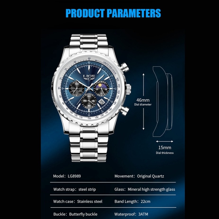 LIGE Men Watch Quartz Date Luminous Chronograph Waterproof Stainless Steel Watch
