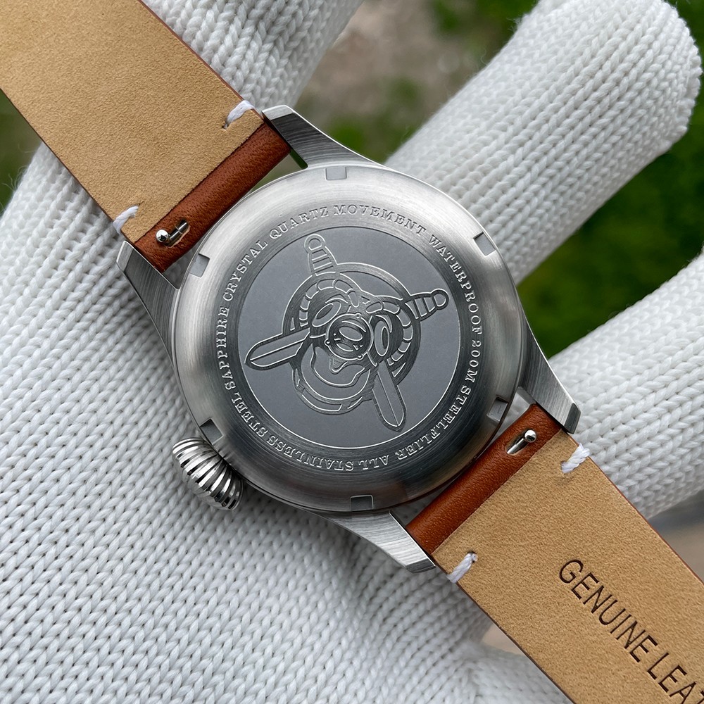 39MM STEELFLIER Pilot Quartz Men’s Watch Sapphire 200M Waterproof Leather NEW