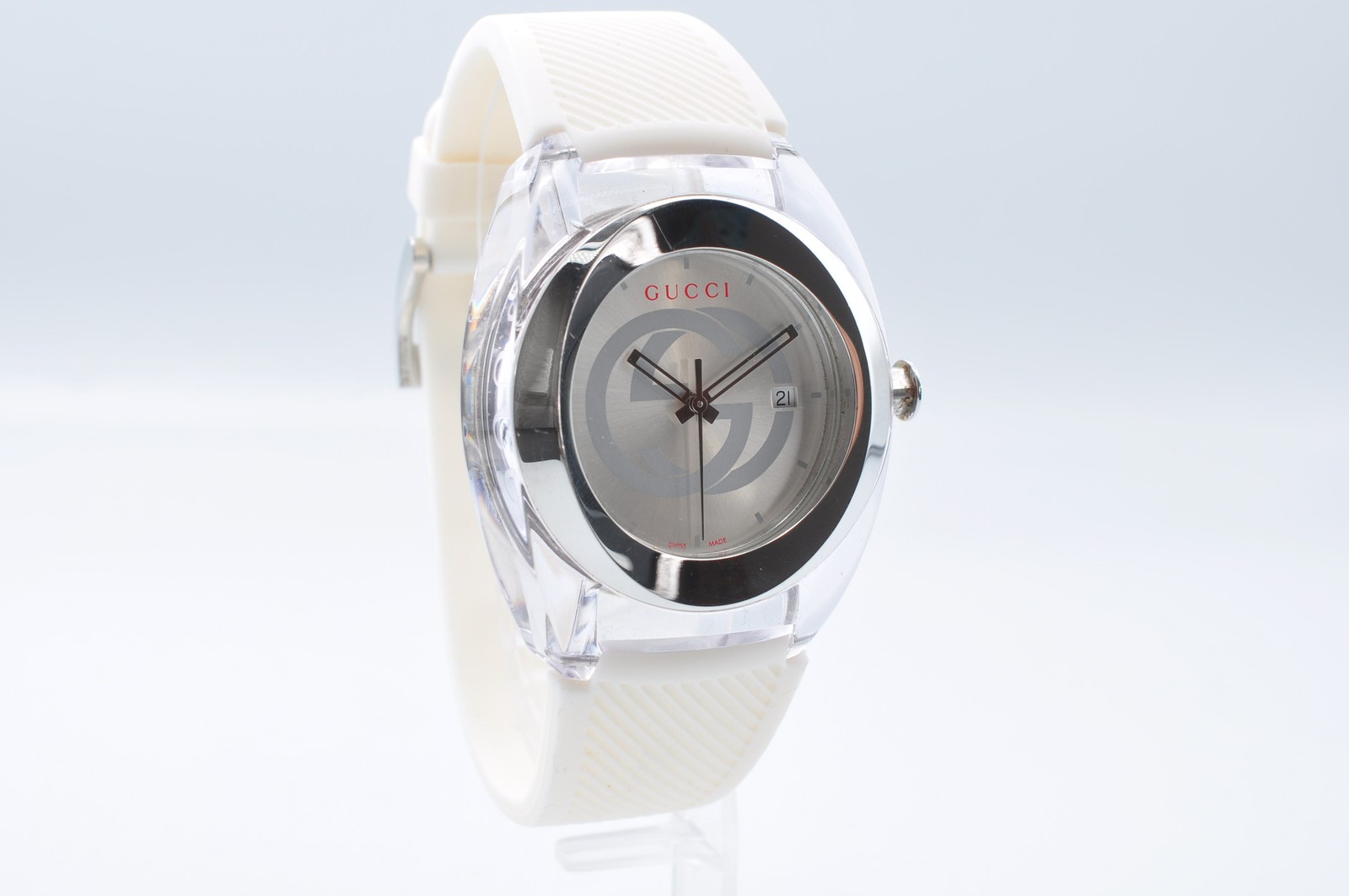 GUCCI 137.1 SYNC Quartz WatchTransparent Resin Men’s White Rubber Auth w-1051