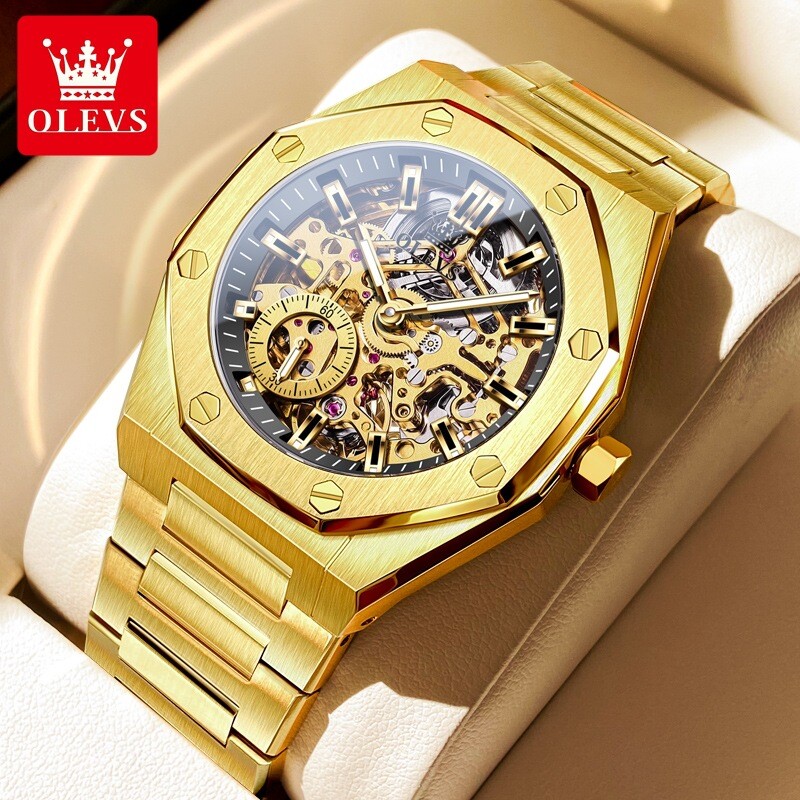 Automatic Mechanical Waterproof Luxury OLEVS Watch Men Skeleton Men’s Strap