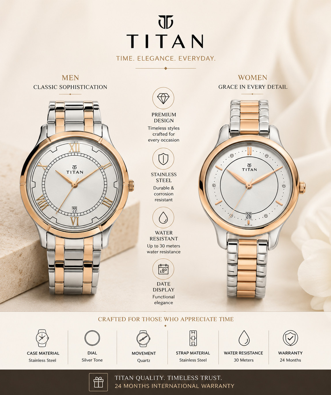 Titan Bandhan Couple Watch Set Men Women Two Tone Stainless Steel Silver Dial