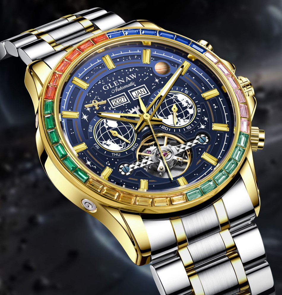 GLENAW Men’s Automatic Watch Rainbow Gemstone Bezel Blue Dial Steel Strap Wristw