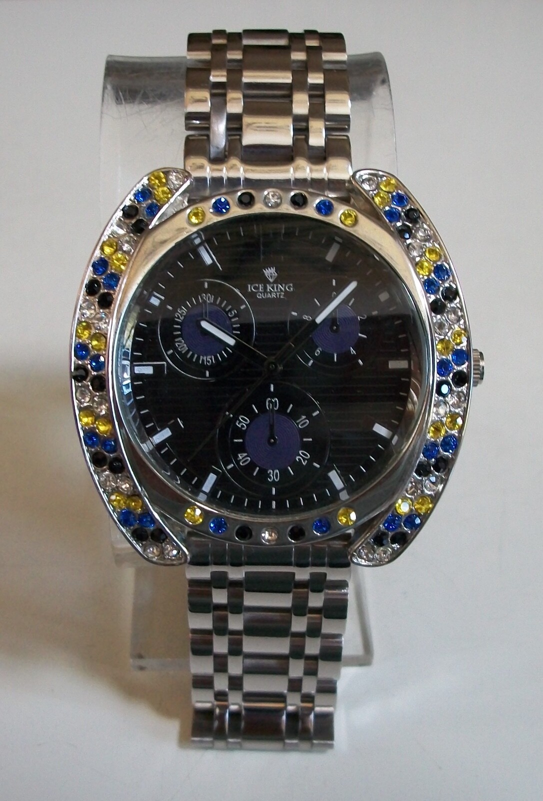 Men’s silver finish clear, blue, black & yellow stone fashion hip hop watch