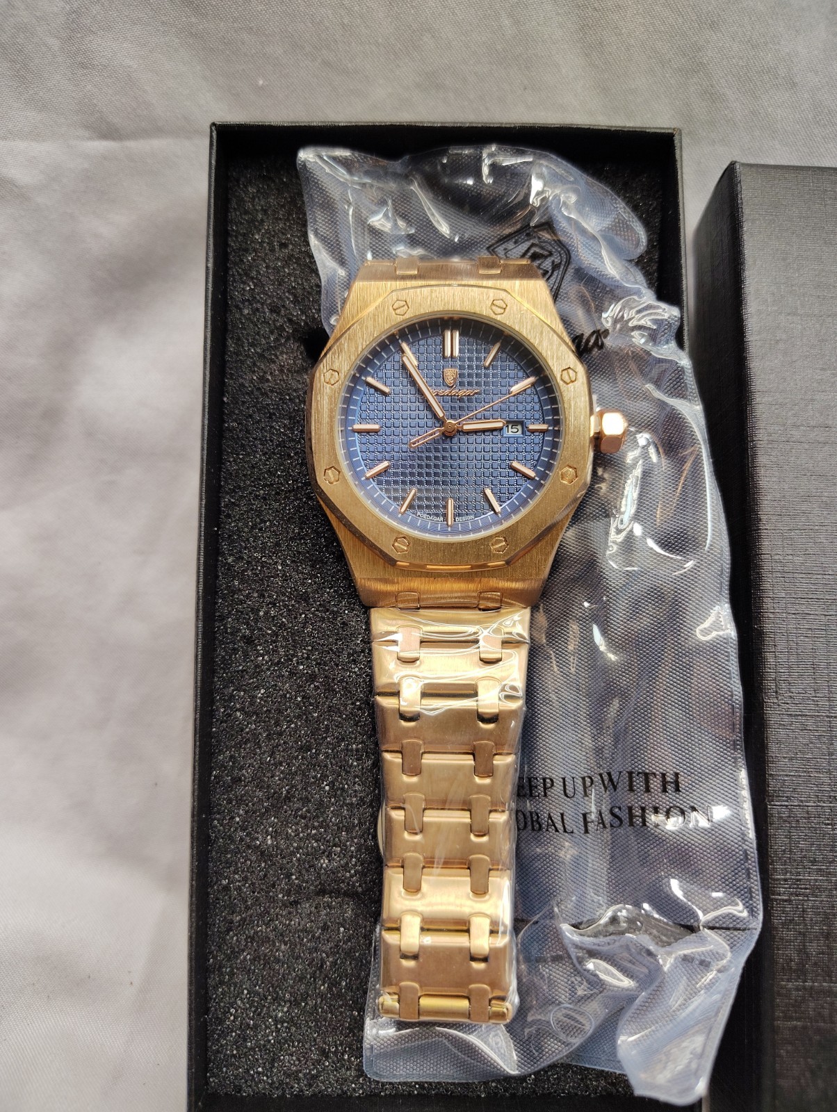 Poedagar Men’s Octagon Quartz Wristwatch Blue Dial Date Rose Gold Stainless 30m