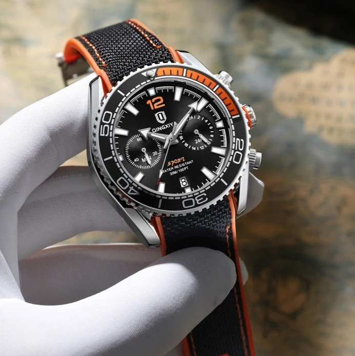 44MM QINGXIYA Quartz Diver Men’s Watch Nylon 30M Waterproof Date Luminous NEW