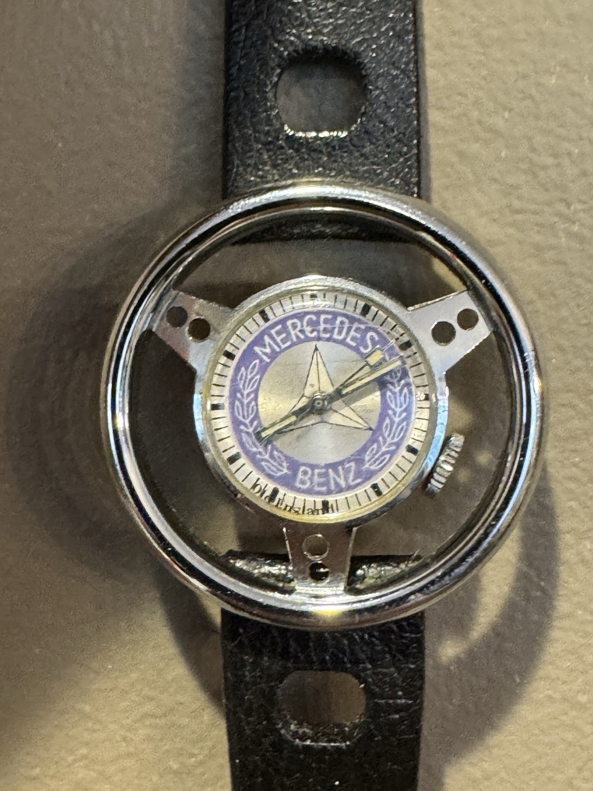 RARE VINTAGE MERCEDES BENZ STEERING WHEEL WATCH LIGHT BLUE LOGO TROPIC BAND