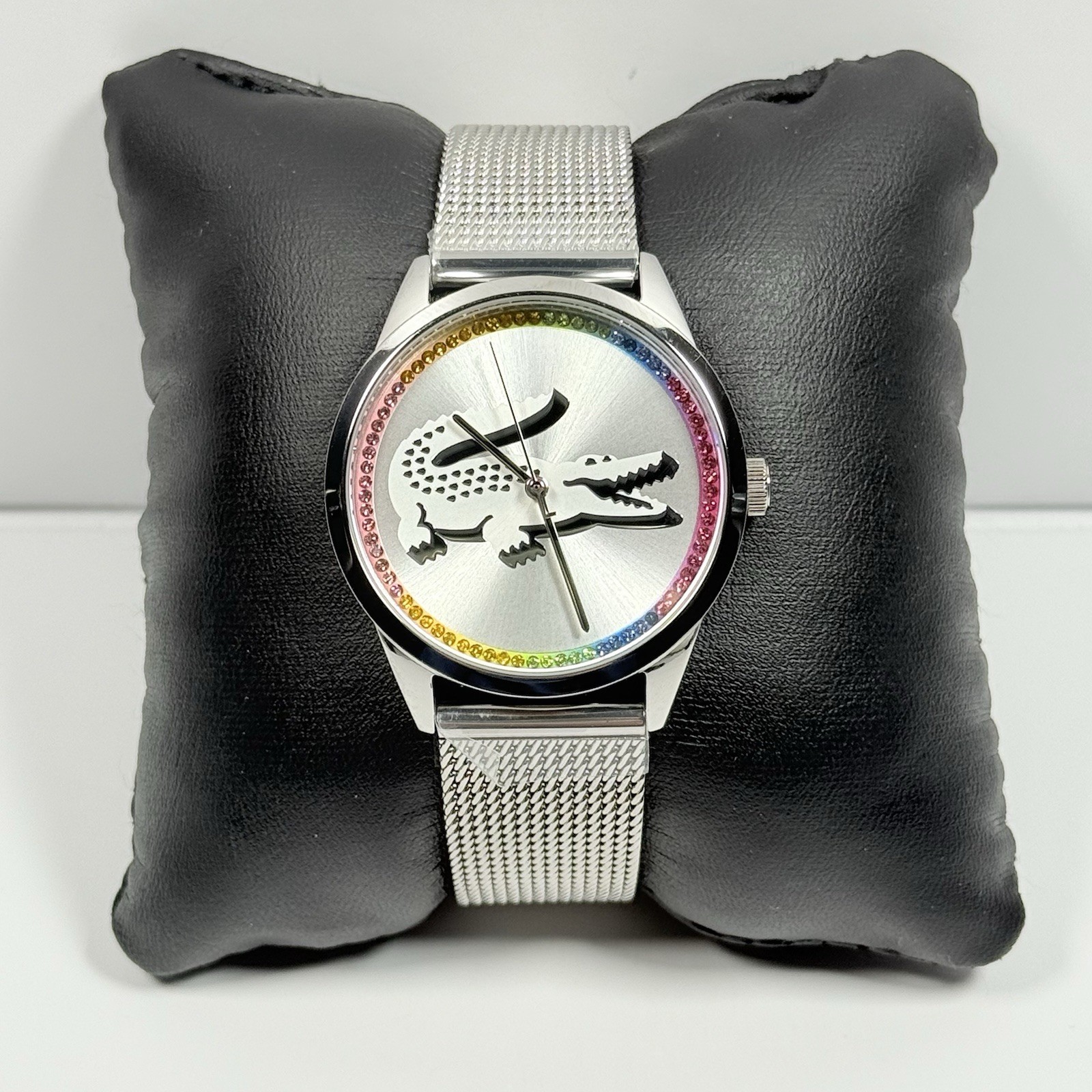 Lacoste Ladycroc 2001259 Rainbow Crystals Silver Dial Mesh Band Women’s Watch