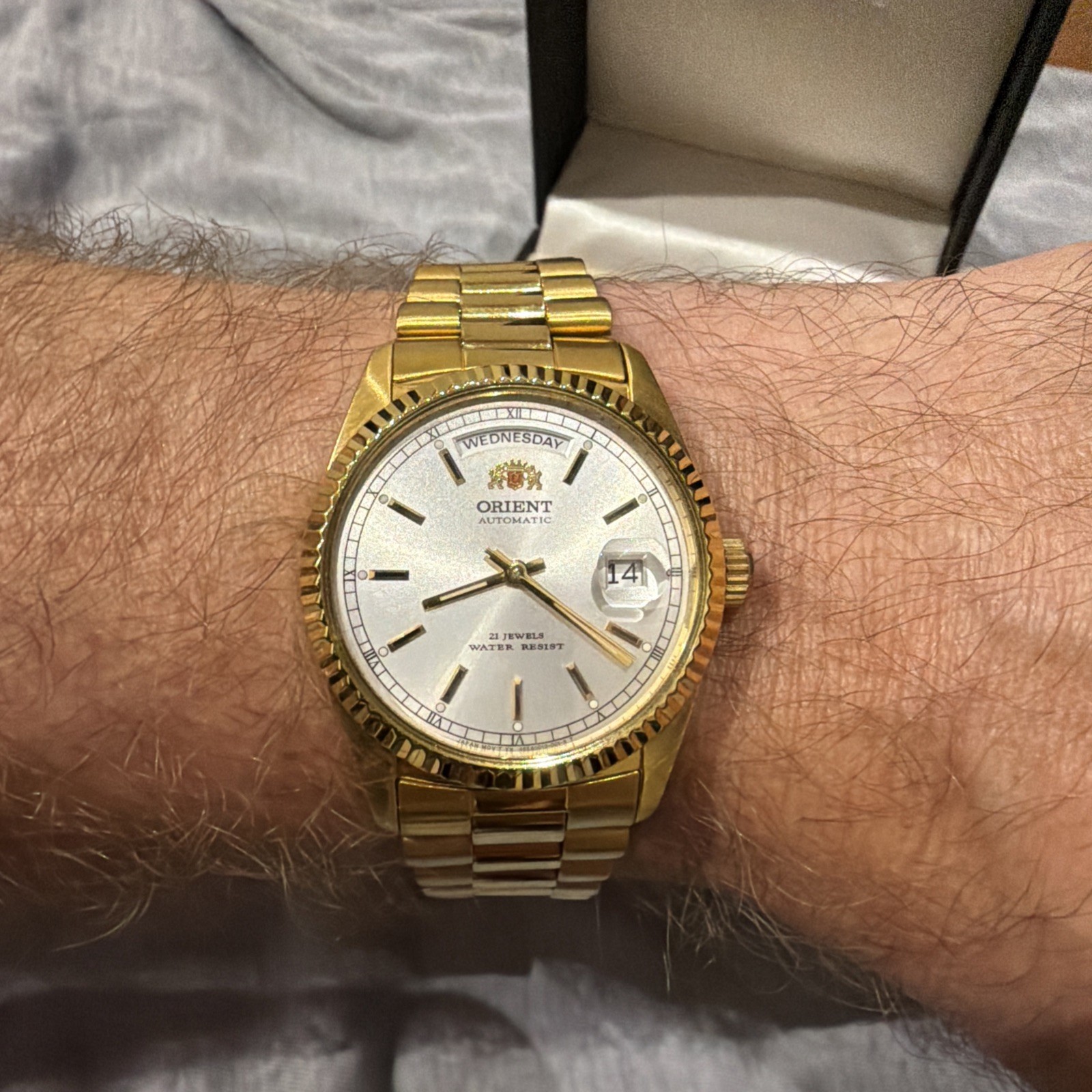 Orient President Automatic Day-Date White Dial Stainless Steel Watch NOS Rare