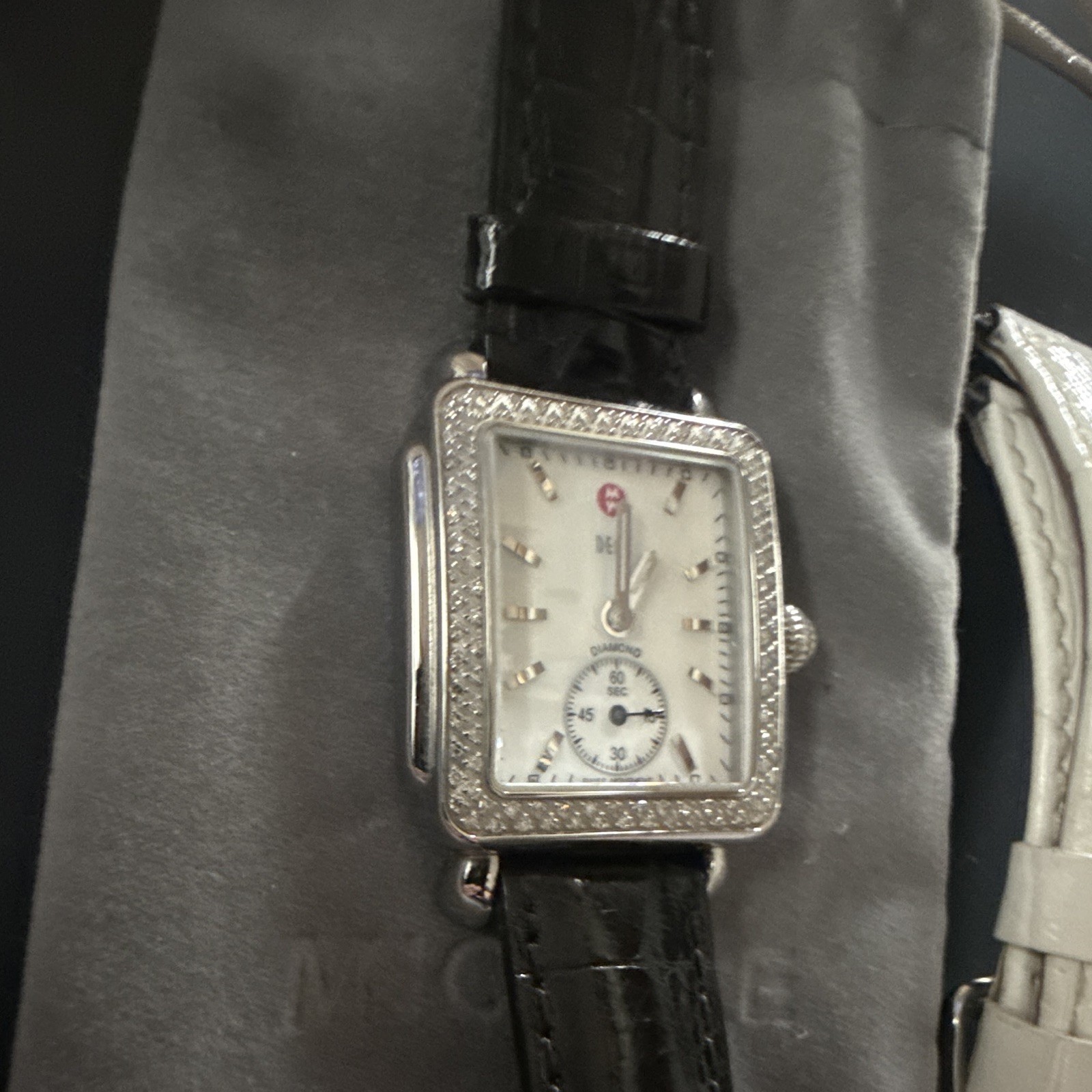 MICHELE Deco Diamond Bezel Quartz Rectangle 33mm White Dial Black/White Straps