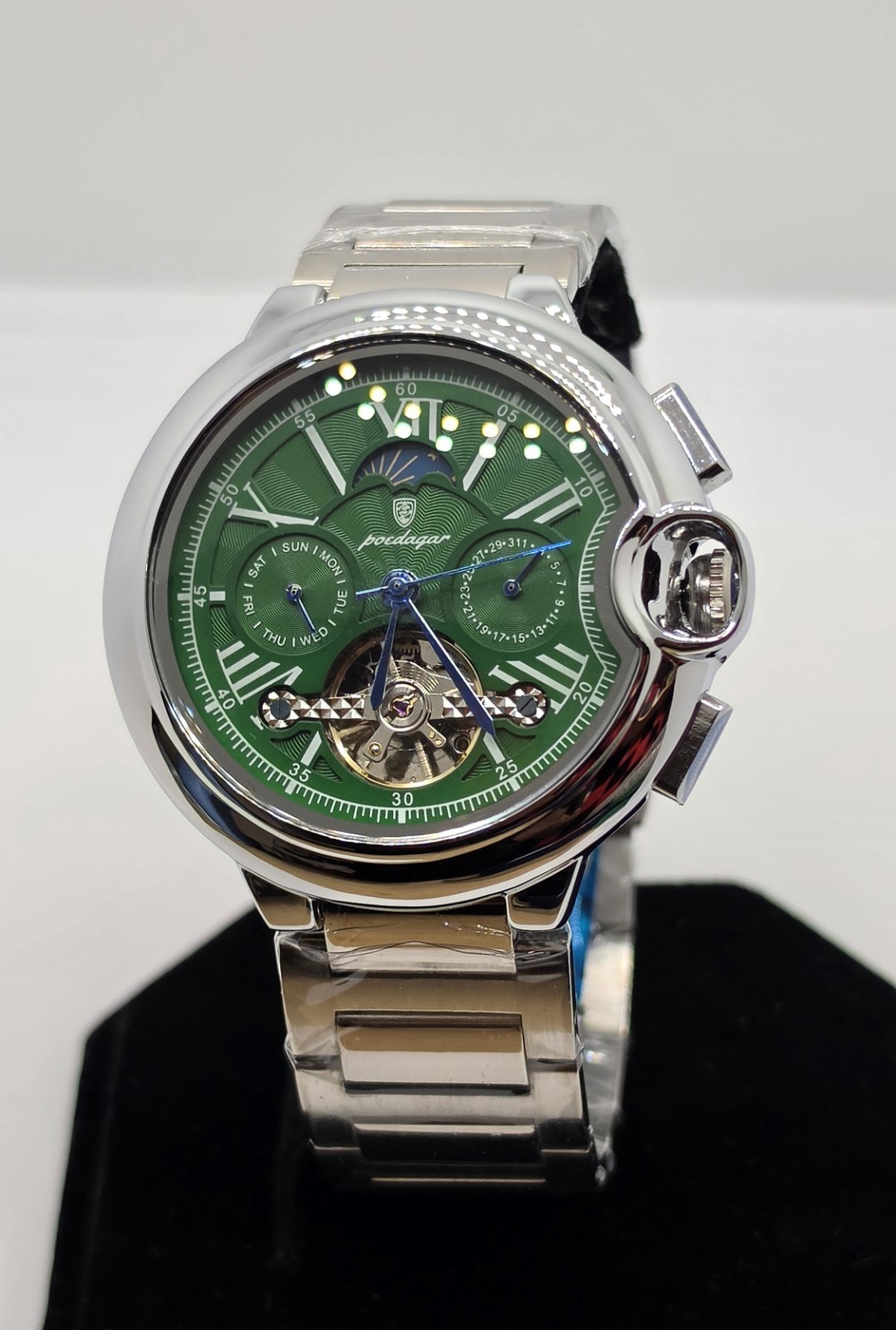 Poedagar Automatic Mechanical Open Heart Green Dial Men’s Watch 48mm New w/ Box