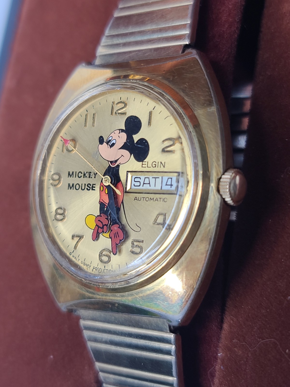 Vintage Elgin Mickey Mouse Automatic Watch Gold Day-Date Expansion Band Tested