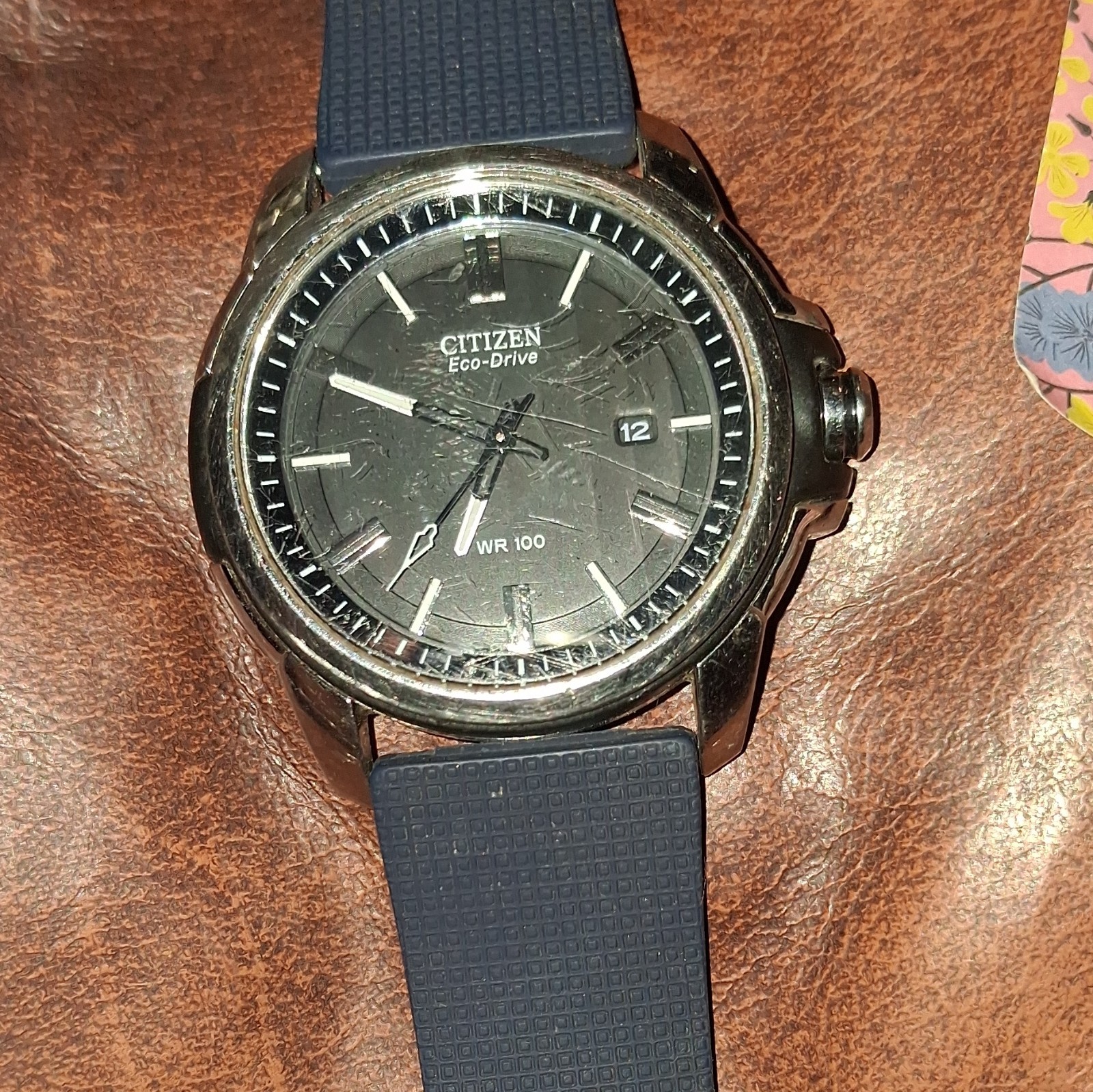 Citizen Eco-Drive Quartz WR100 Black Dial Date Blue Rubber Strap Men’s 42mm