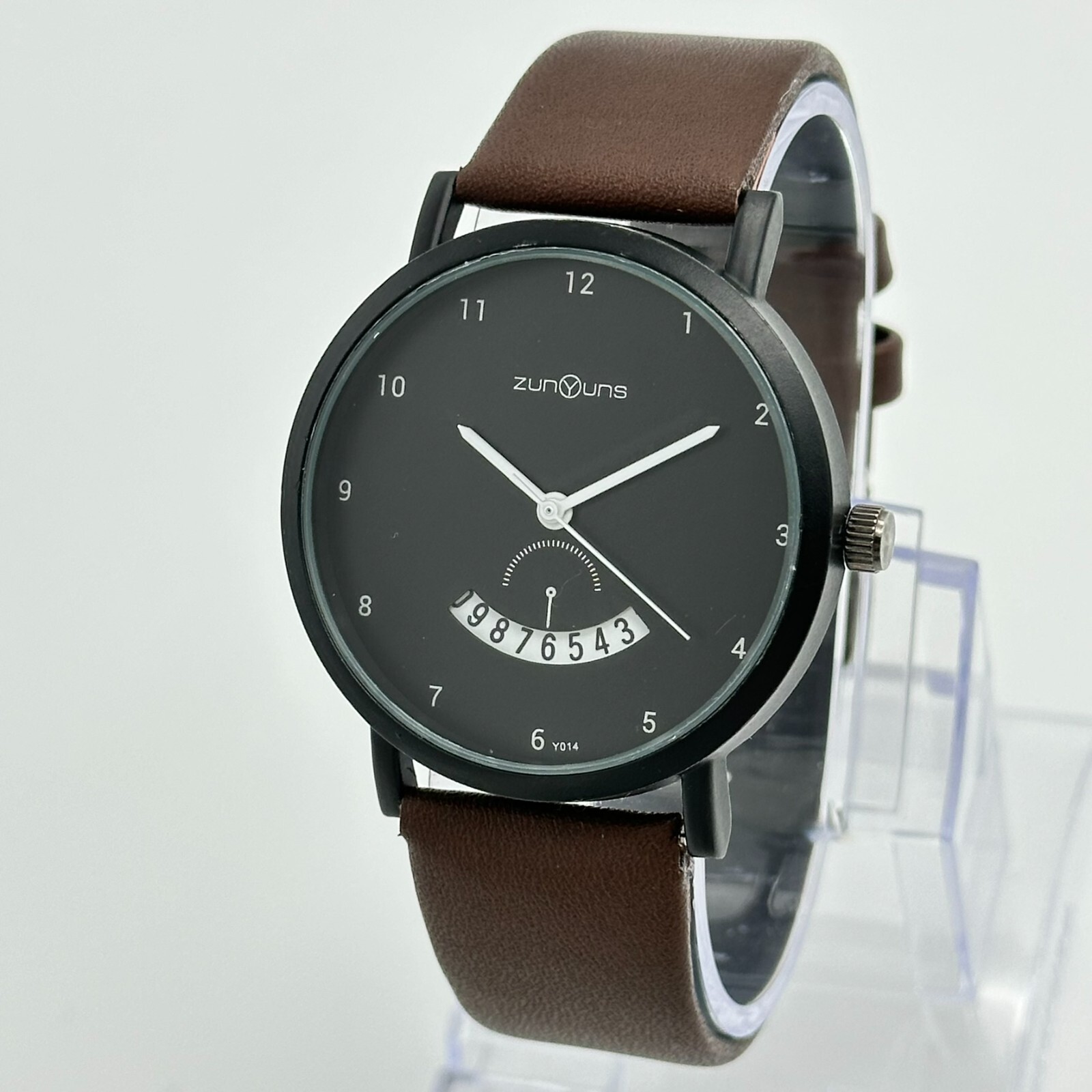 Men’s ZUNYUNS 40mm Unique Black Dial Watch, Date, Brown Band, Analog Quartz Runs