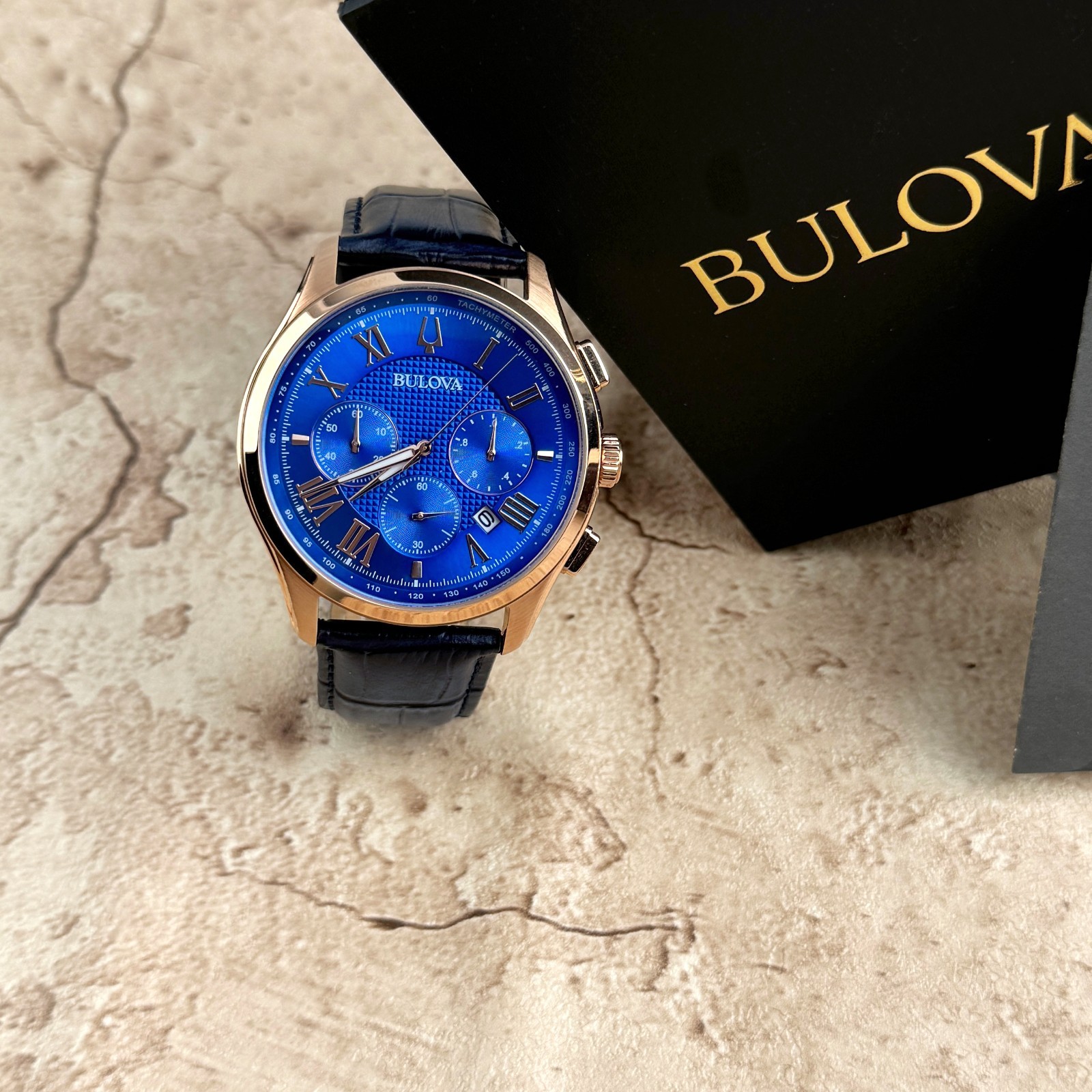 New Bulova Classic Dark Blue Textured Dial Chronograph Men’s Quartz Watch 97B170