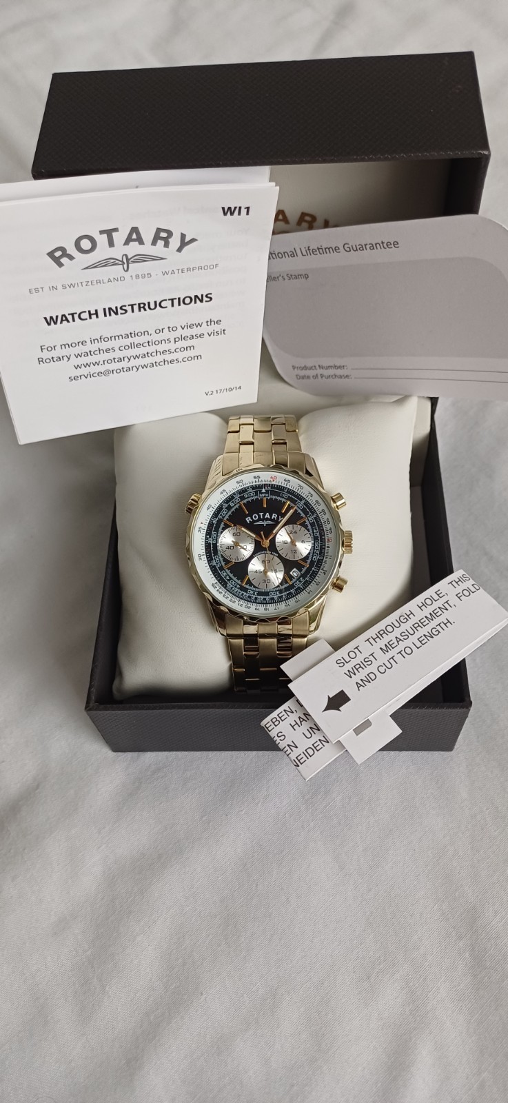 Rotary Pilot Watch Gold Colour. 50 Meters Proof Slide Rule Bezel Chronograph