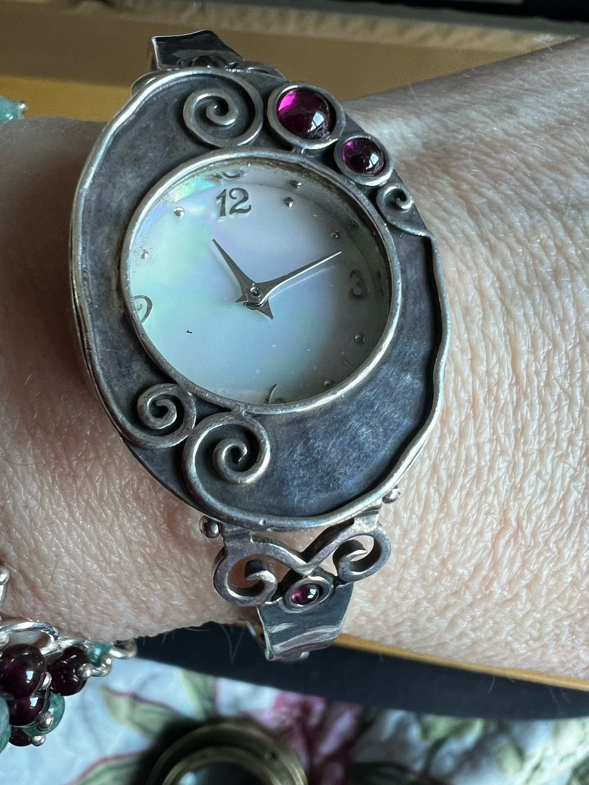 Gorgeous Or Paz Solid Silver Watch With Mother of Pearl Dial & Garnets