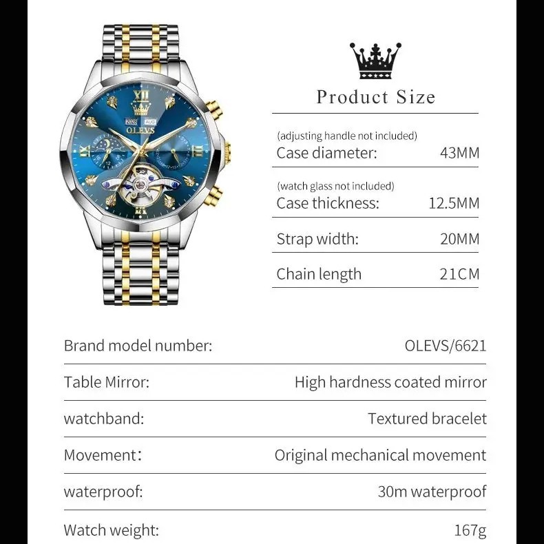 Automatic Mechanical Waterproof Watch Moon Phase Luxury Dial Men Men’s Strap