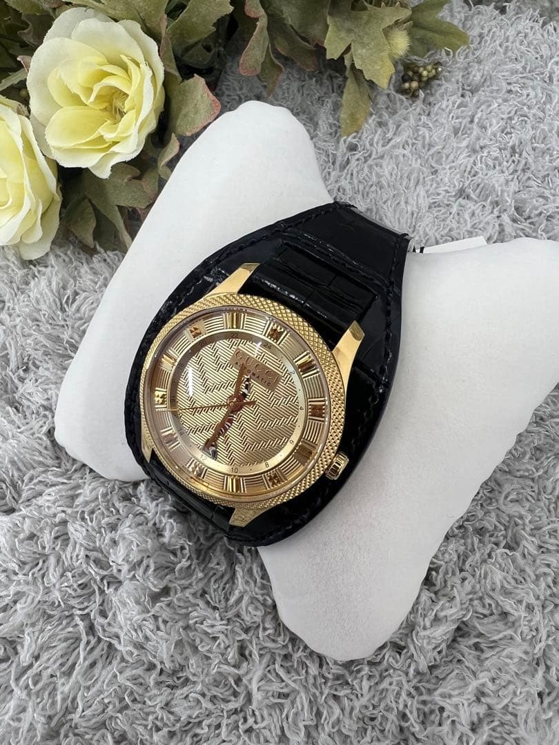 GUCCI Eryx Automatic Gold Dial Black Leather Watch