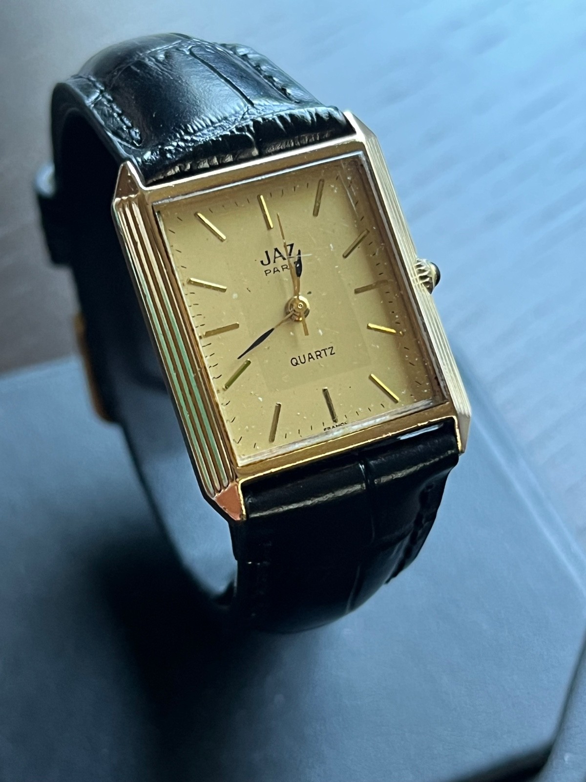 Vintage JAZ Paris Quartz Watch Tank design with new battery & leather band