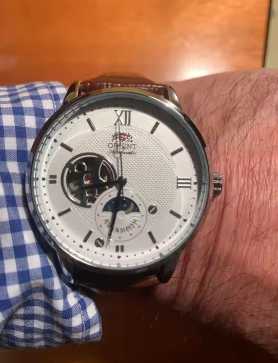 Orient Sun & Moon Semi Skeleton Automatic Watch Men’s Leather Strap Luxury Gift