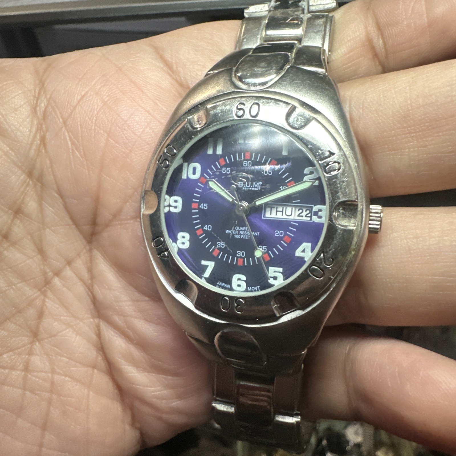 Working B.U.M Equipment Purple Dial Silver Tone Mens Watch Lume 39mm Fit 7.5in