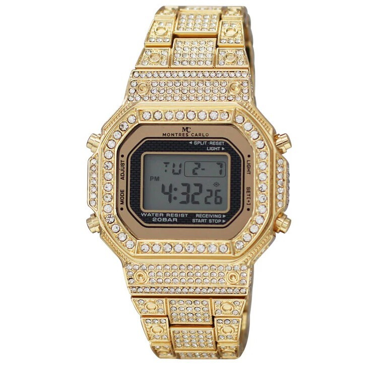 DIGITAL WATCH ICED STAINLESS STEEL BLING SIMULATED DIAMOND METAL BAND DATE ALARM