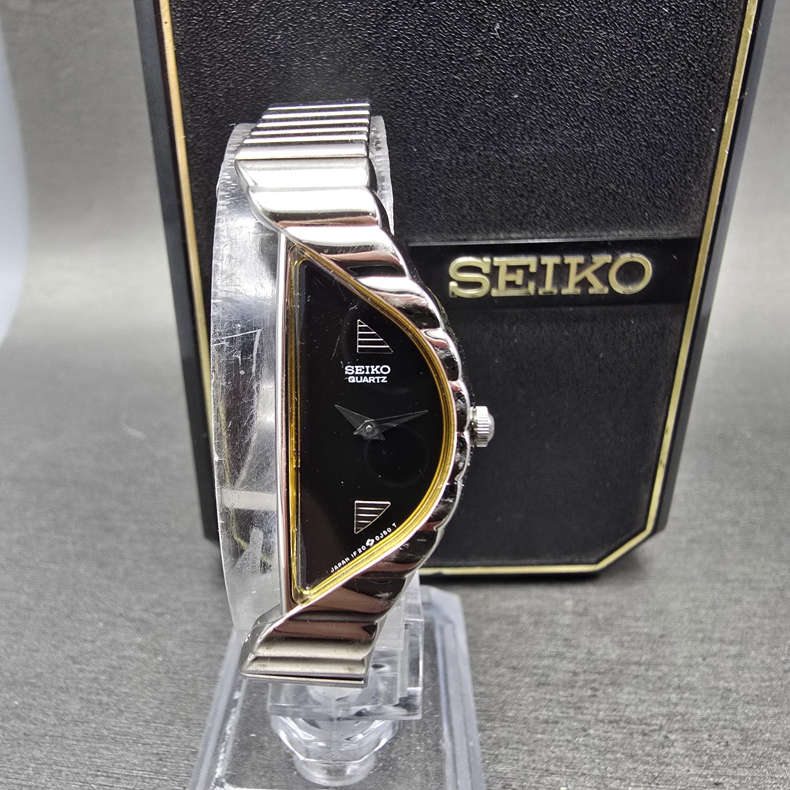 Seiko Halfmoon Watch Women 14mm Black Dial Silver Tone Asymmetrical New Battery