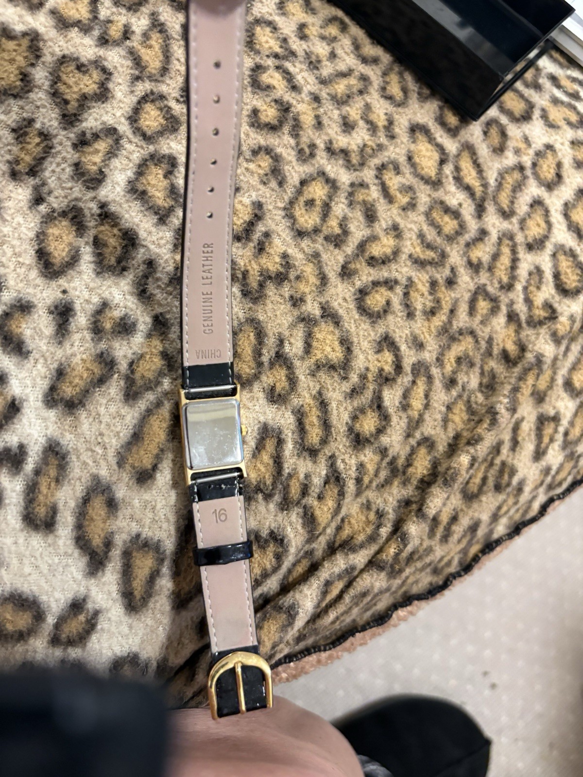 Women’s Analog Rectangular Wristwatch Gold Tone Case/Bezel Black Leather 16mm